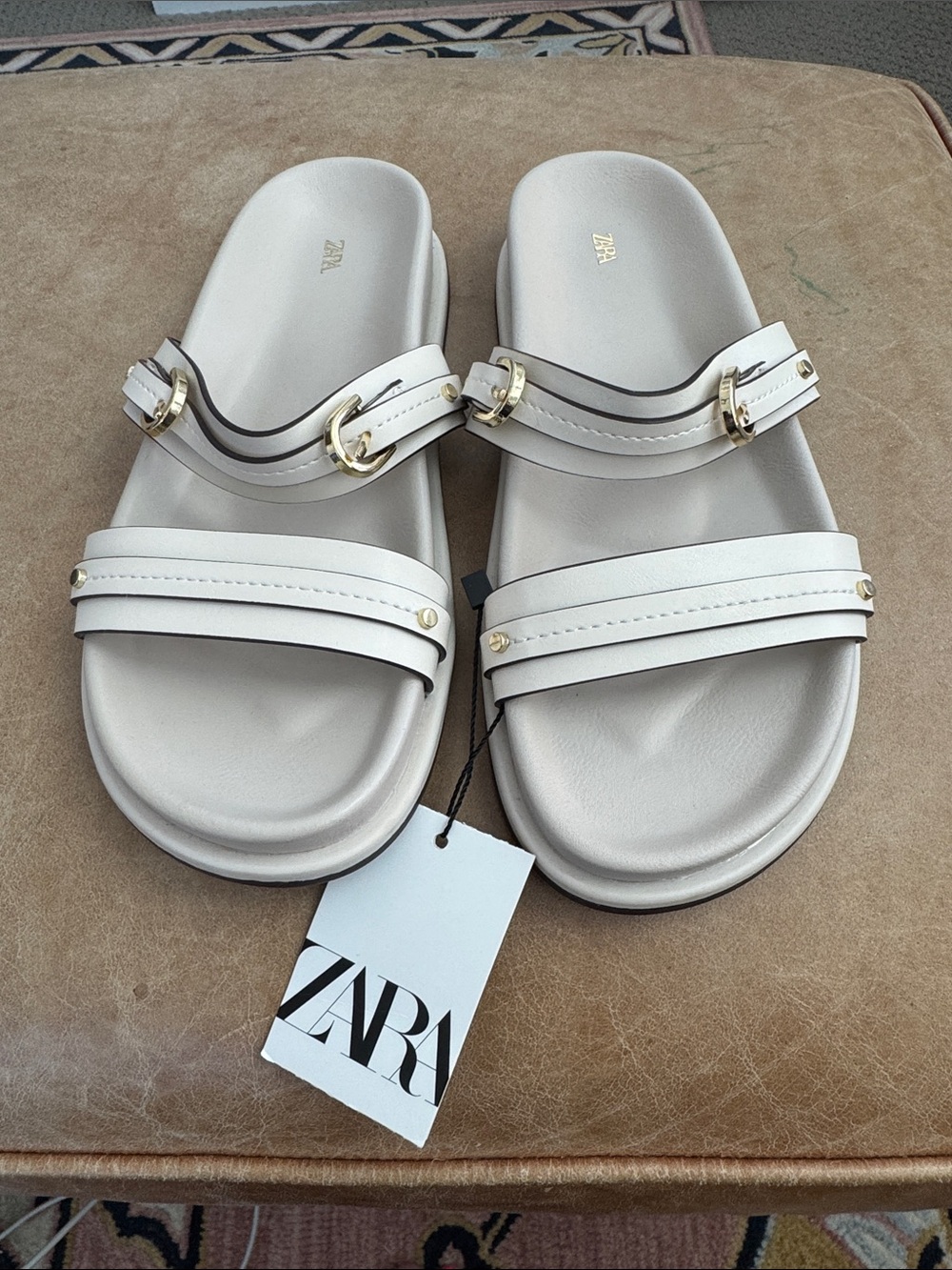Zara Cream Double-Strap Slide Sandals with Gold Buckles